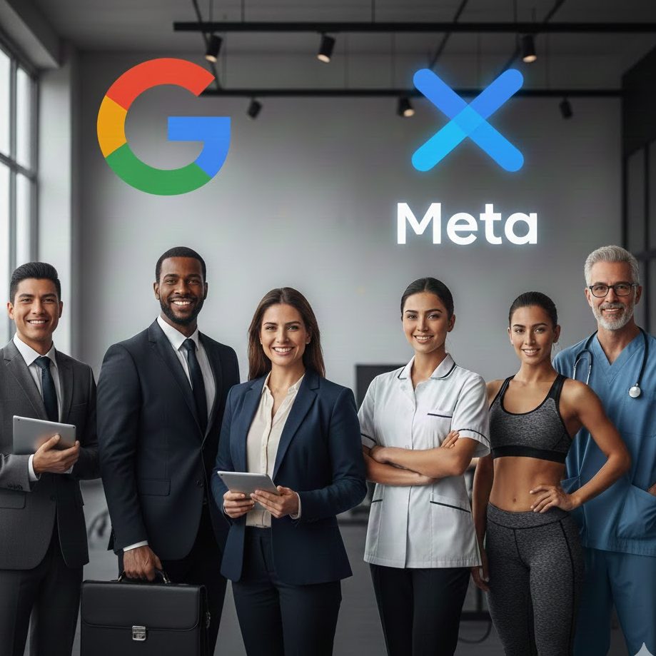 Profesionales de distintos sectores (abogados, odontólogos, inmobiliaria) representando estrategias de marketing digital con logos de Google y Meta.